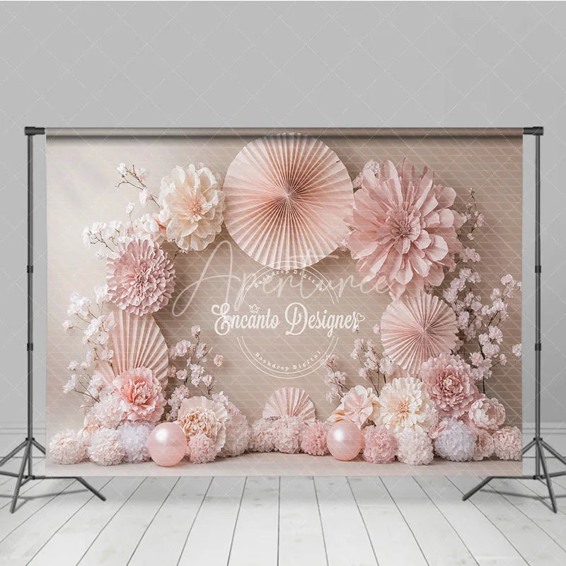 Aperturee - Aperturee Blush Pink Paper Fan and Flower Photography Backdrop Neutral Tones for Wedding Bridal Shower Photo Booth Decor