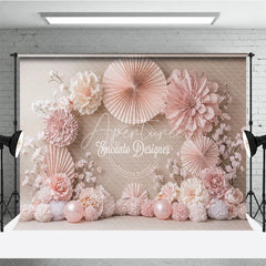 Aperturee - Aperturee Blush Pink Paper Fan and Flower Photography Backdrop Neutral Tones for Wedding Bridal Shower Photo Booth Decor