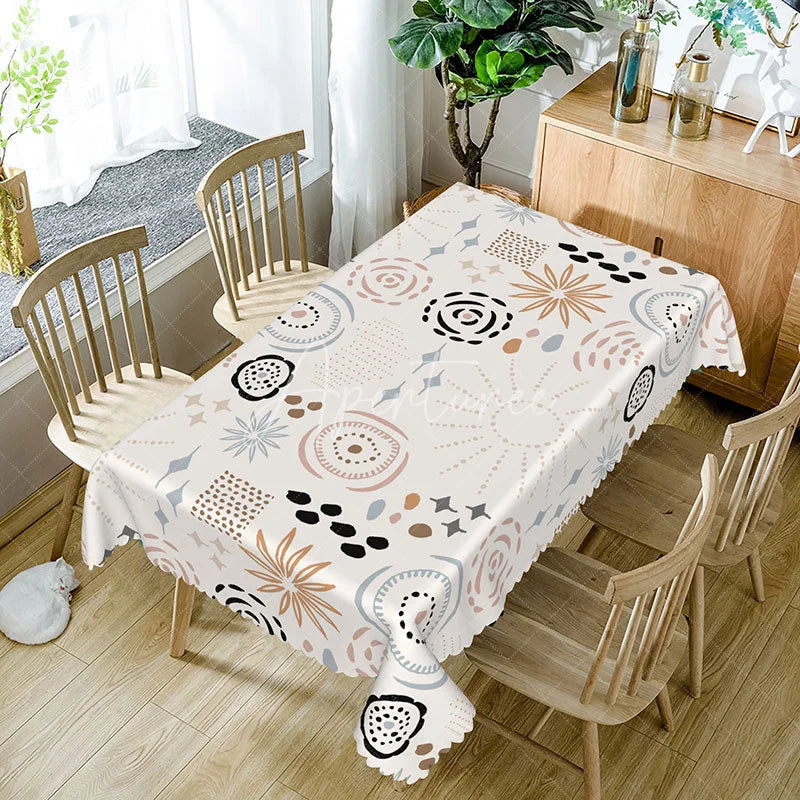 Aperturee - Aperturee Bohemian Abstract Tablecloth with Spirals and Speckles for Eclectic and Artistic Dining Room Decor