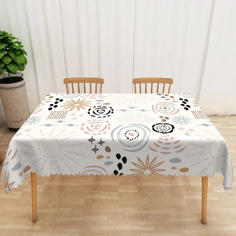 Aperturee - Aperturee Bohemian Abstract Tablecloth with Spirals and Speckles for Eclectic and Artistic Dining Room Decor