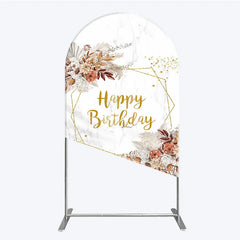 Aperturee - Aperturee Bohemian Happy Birthday Arched Backdrop Pampas Grass and Dried Flowers Gold Geometric Frame for Elegant Decor