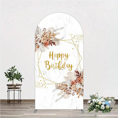 Aperturee - Aperturee Bohemian Happy Birthday Arched Backdrop Pampas Grass and Dried Flowers Gold Geometric Frame for Elegant Decor