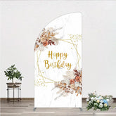 Aperturee - Aperturee Bohemian Happy Birthday Half Moon Arched Backdrop Pampas Grass and Dried Flowers Gold Geometric Frame for Elegant