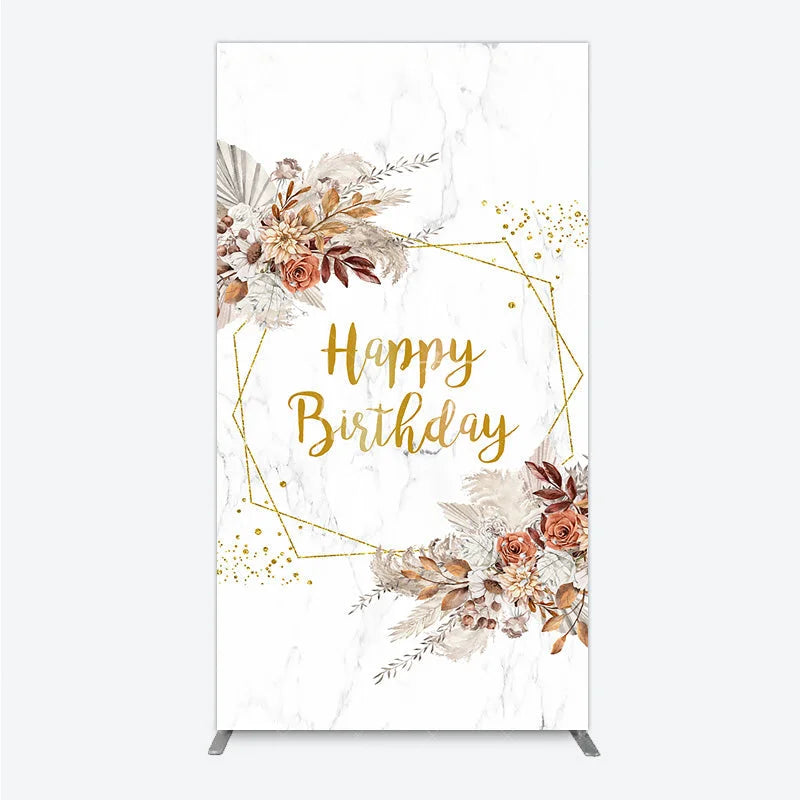 Aperturee - Aperturee Bohemian Happy Birthday Rectangleed Backdrop Pampas Grass and Dried Flowers Gold Geometric Frame for Elegant Decor