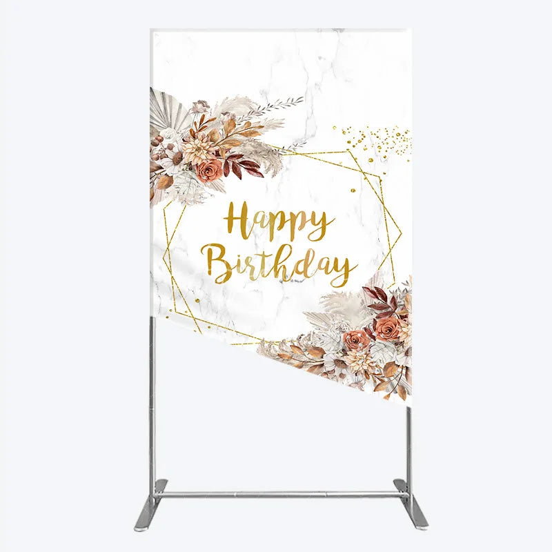 Aperturee - Aperturee Bohemian Happy Birthday Rectangleed Backdrop Pampas Grass and Dried Flowers Gold Geometric Frame for Elegant Decor