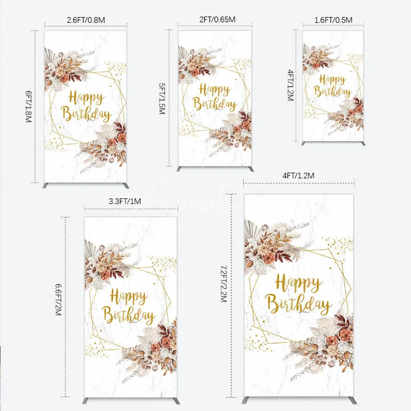 Aperturee - Aperturee Bohemian Happy Birthday Rectangleed Backdrop Pampas Grass and Dried Flowers Gold Geometric Frame for Elegant Decor