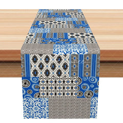 Aperturee - Aperturee Bohemian Patchwork Geometric Table Runner Blue Black and White Eclectic Kitchen Dining Decor