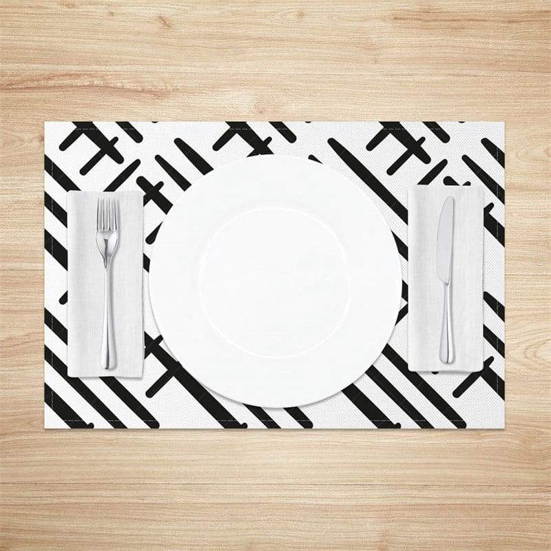 Aperturee - Aperturee Boho Abstract Black White Lines Set of 4 Placemats