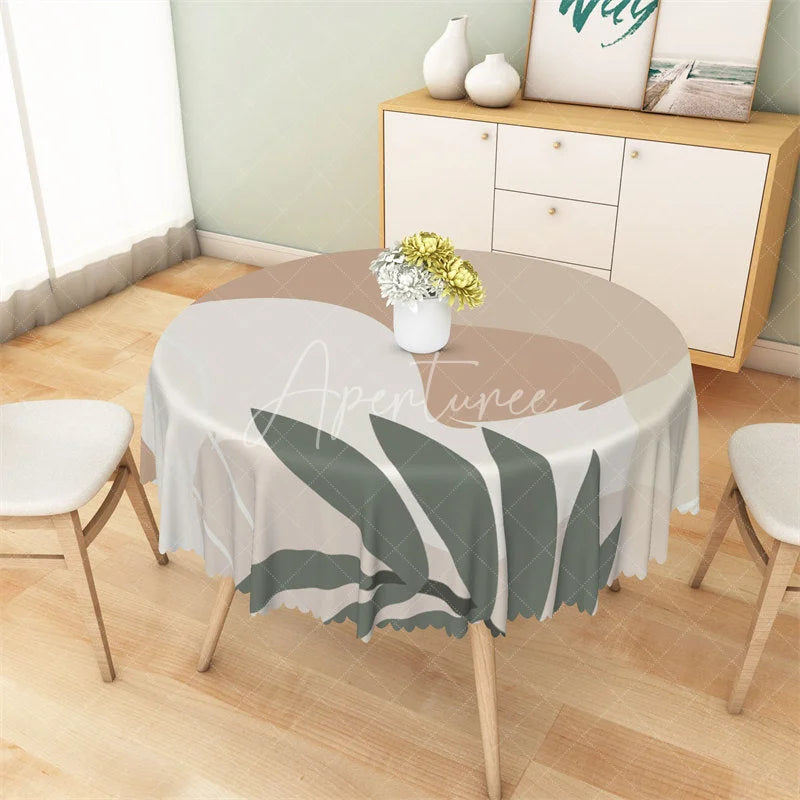 Aperturee - Aperturee Boho Abstract Leaf Round Tablecloth Neutral Beige Geometric Table Cover for Dining Room
