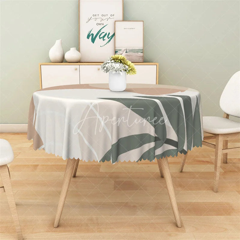 Aperturee - Aperturee Boho Abstract Leaf Round Tablecloth Neutral Beige Geometric Table Cover for Dining Room