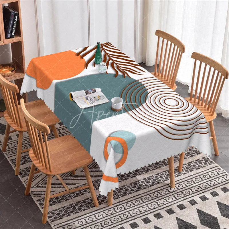 Aperturee - Aperturee Boho Abstract Tropical Leaf and Orange Circle Rectangle Tablecloth with Scalloped Edge Modern Dining Decor