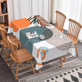 Aperturee - Aperturee Boho Abstract Tropical Leaf and Orange Circle Rectangle Tablecloth with Scalloped Edge Modern Dining Decor