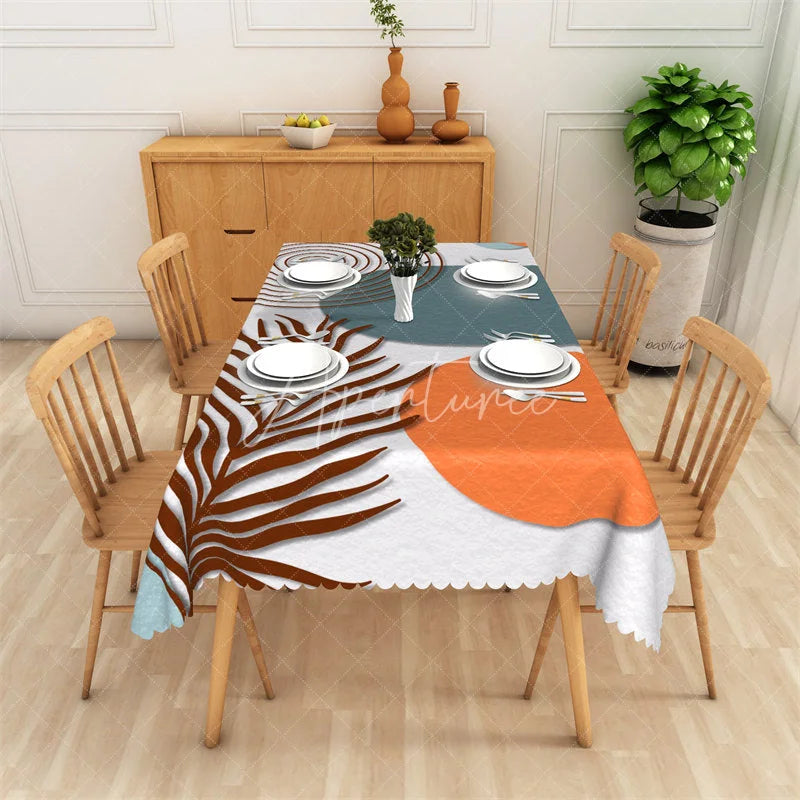 Aperturee - Aperturee Boho Abstract Tropical Leaf and Orange Circle Rectangle Tablecloth with Scalloped Edge Modern Dining Decor