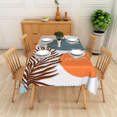 Aperturee - Aperturee Boho Abstract Tropical Leaf and Orange Circle Rectangle Tablecloth with Scalloped Edge Modern Dining Decor
