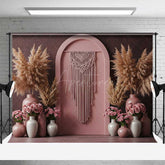 Aperturee Aperturee Boho Arch Photography Backdrop Terracotta Wall with Macrame Hanging Pampas Grass and Pink Roses Studio Prop
