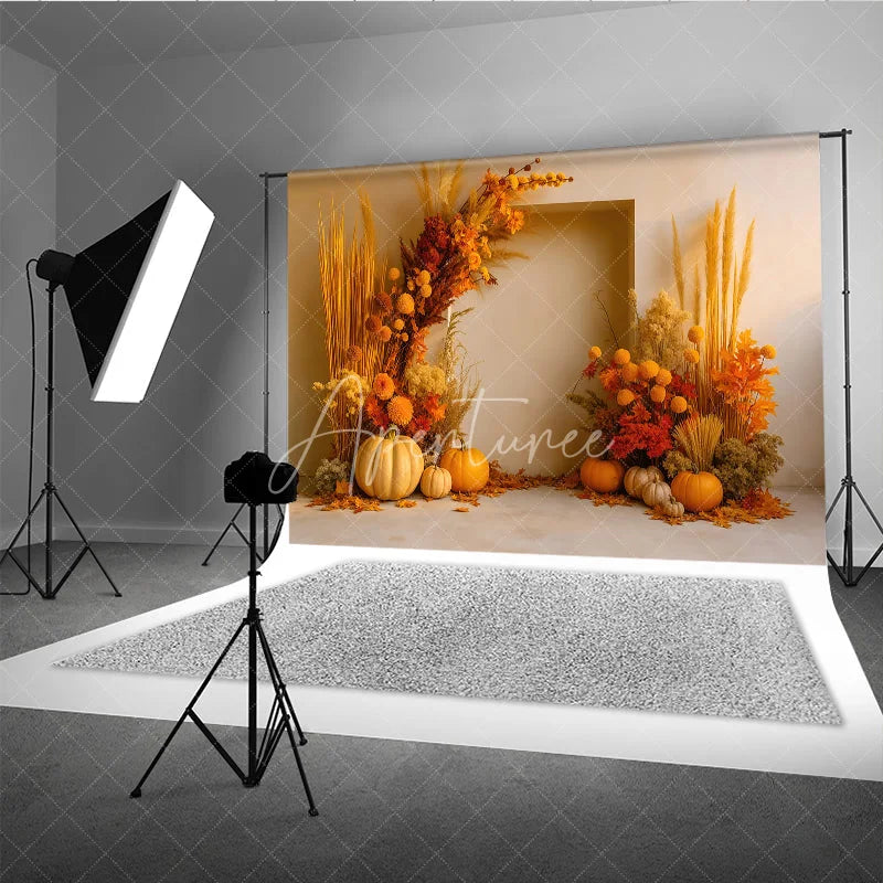 Aperturee - Aperturee Boho Autumn Floral Arch Photography Backdrop Pampas Grass and Pumpkins Modern Fall Wedding Photo Booth Decor