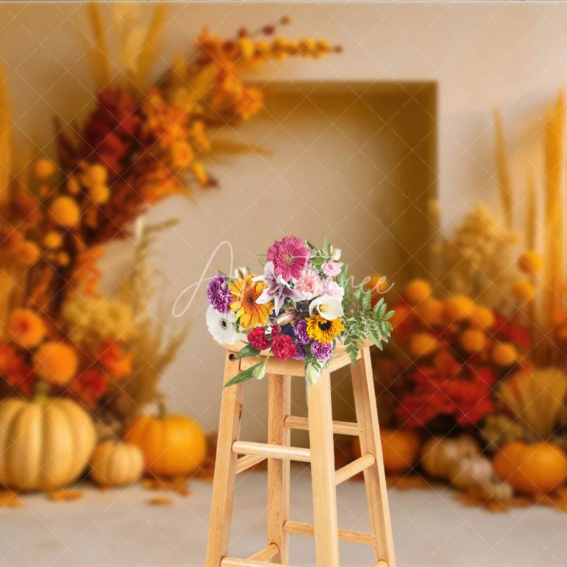 Aperturee - Aperturee Boho Autumn Floral Arch Photography Backdrop Pampas Grass and Pumpkins Modern Fall Wedding Photo Booth Decor
