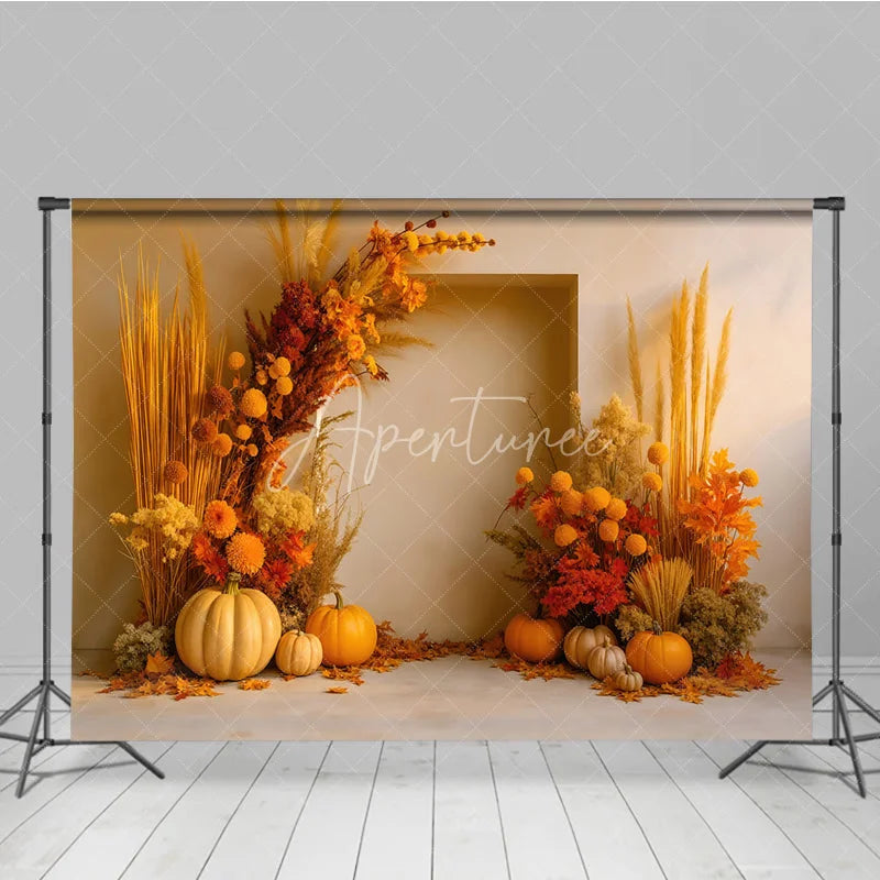 Aperturee - Aperturee Boho Autumn Floral Arch Photography Backdrop Pampas Grass and Pumpkins Modern Fall Wedding Photo Booth Decor