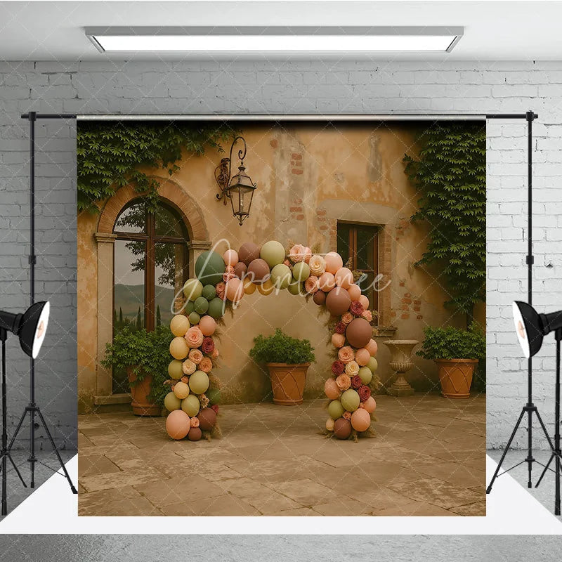 Aperturee - Aperturee Boho Balloon Arch Backdrop Sage Green Brown Flower Background Rustic Courtyard Wedding Birthday Party Decor