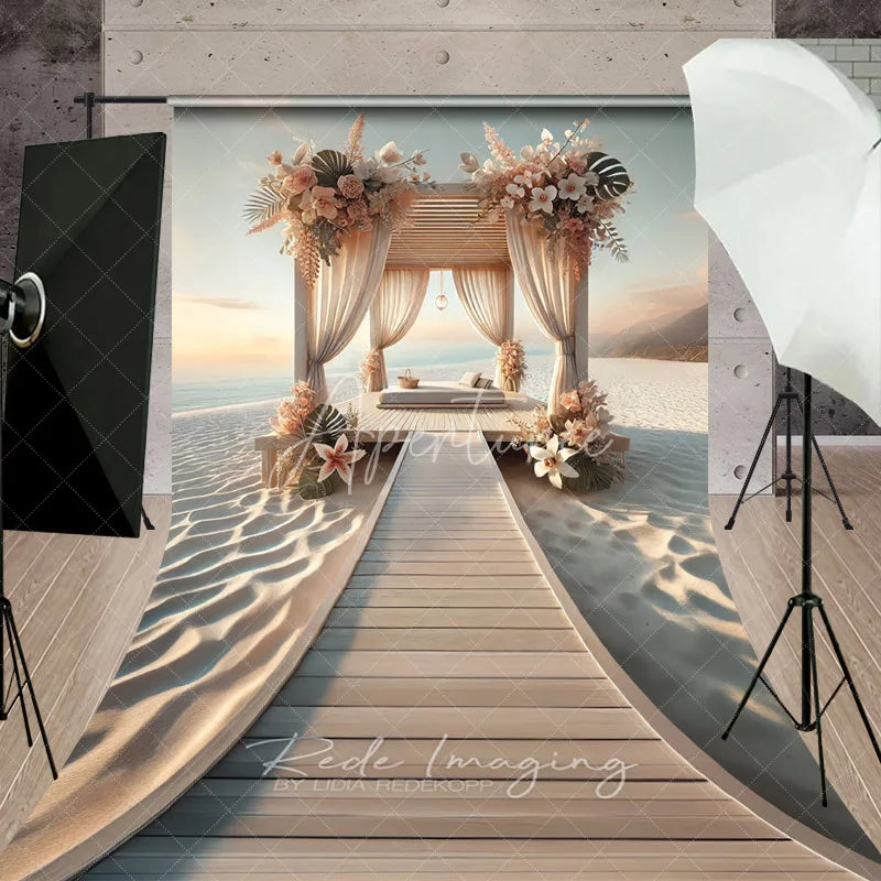 Aperturee - Aperturee Boho Beach Canopy Summer Photography Backdrop Floral Seaside Wooden Boardwalk Sweep Studio Background