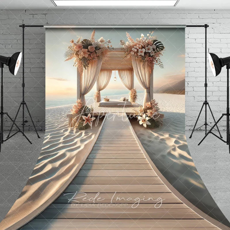 Aperturee - Aperturee Boho Beach Canopy Summer Photography Backdrop Floral Seaside Wooden Boardwalk Sweep Studio Background