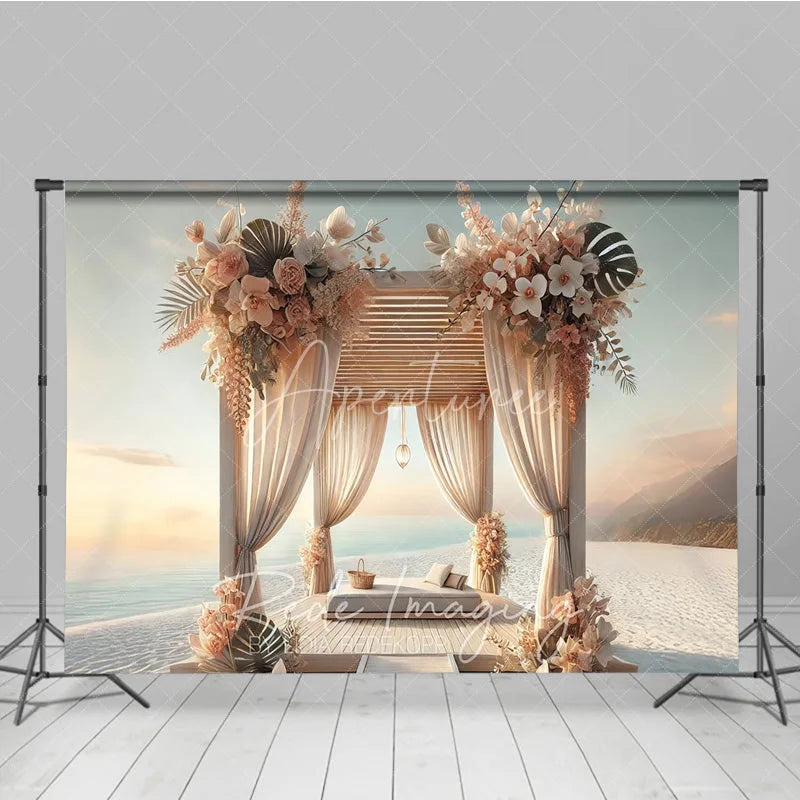 Aperturee - Aperturee Boho Beach Wooden Canopy Photography Backdrop White Drapes and Tropical Floral Seaside Background