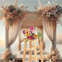 Aperturee - Aperturee Boho Beach Wooden Canopy Photography Backdrop White Drapes and Tropical Floral Seaside Background