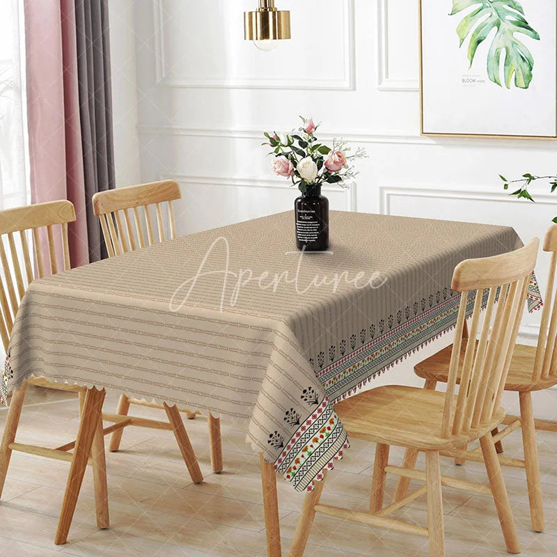 Aperturee - Aperturee Boho Beige Striped Rectangle Tablecloth Tribal Border Pattern Dining Cover Neutral Minimalist Kitchen Decor