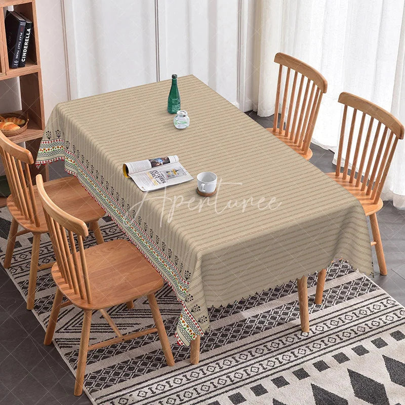 Aperturee - Aperturee Boho Beige Striped Rectangle Tablecloth Tribal Border Pattern Dining Cover Neutral Minimalist Kitchen Decor