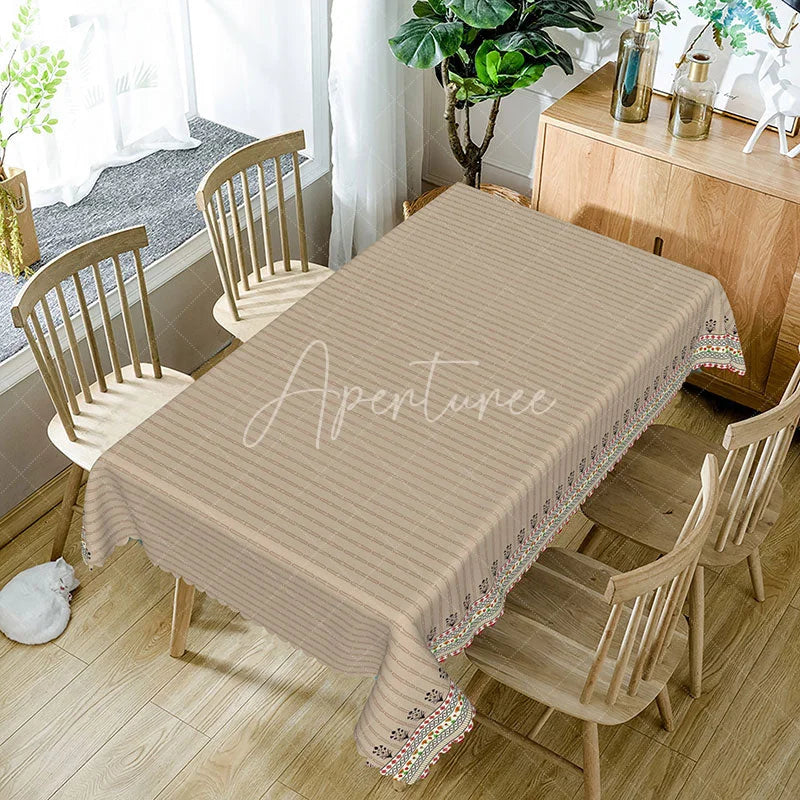 Aperturee - Aperturee Boho Beige Striped Rectangle Tablecloth Tribal Border Pattern Dining Cover Neutral Minimalist Kitchen Decor