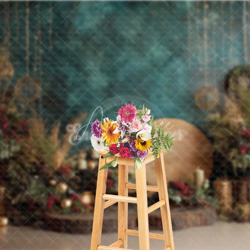 Aperturee - Aperturee Boho Blue Christmas Backdrop Rustic Gold Lantern Floral Photography Background