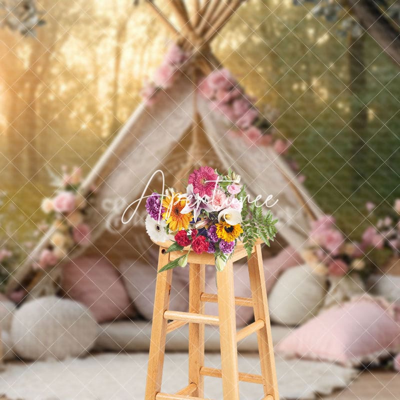 Aperturee - Aperturee Boho Chic Forest Camping Pink Tent Spring Backdrop
