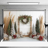 Aperturee - Aperturee Boho Christmas Backdrop Rustic Wood Frame Pampas Grass Winter Trees White Wall Photography Background