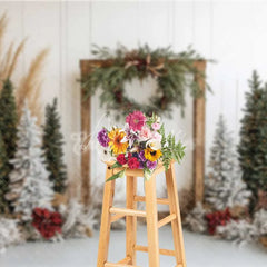 Aperturee - Aperturee Boho Christmas Backdrop Rustic Wood Frame Pampas Grass Winter Trees White Wall Photography Background