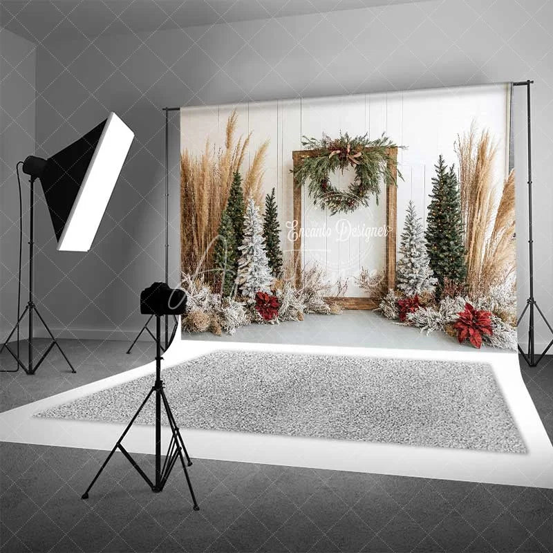 Aperturee - Aperturee Boho Christmas Backdrop Rustic Wood Frame Pampas Grass Winter Trees White Wall Photography Background