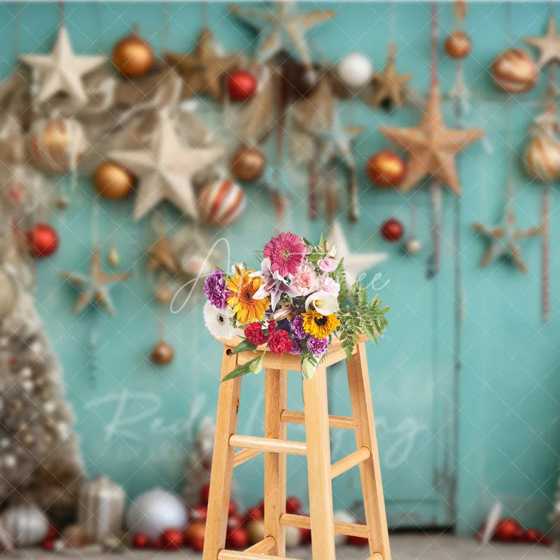 Aperturee - Aperturee Boho Christmas Backdrop Teal Wall Hanging Star Ornament Photography Background Rustic White Tree Winter Holiday Party