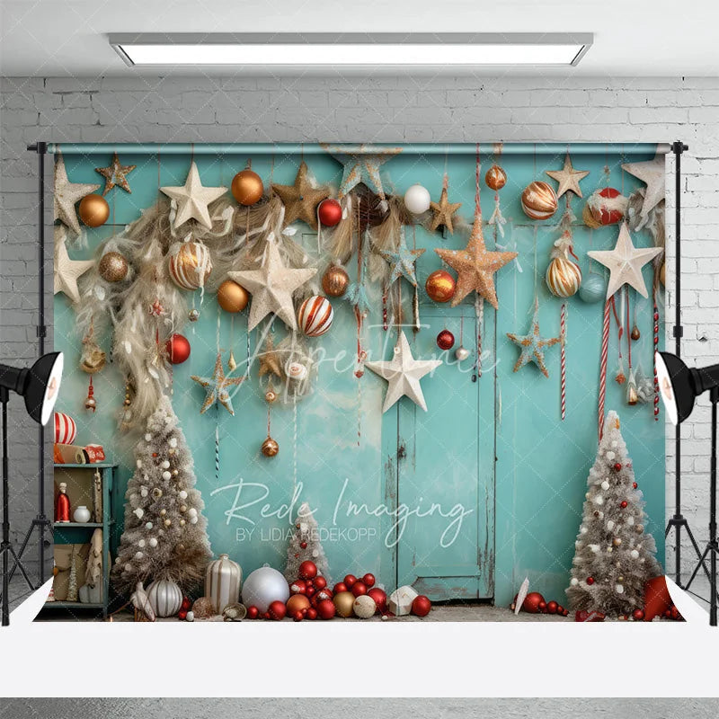 Aperturee - Aperturee Boho Christmas Backdrop Teal Wall Hanging Star Ornament Photography Background Rustic White Tree Winter Holiday Party
