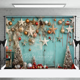 Aperturee - Aperturee Boho Christmas Backdrop Teal Wall Hanging Star Ornament Photography Background Rustic White Tree Winter Holiday Party