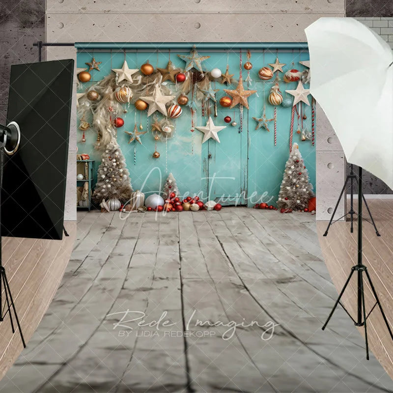 Aperturee - Aperturee Boho Christmas Sweep Backdrop Teal Wall Hanging Star Ornament Background Rustic White Tree Winter Holiday Party