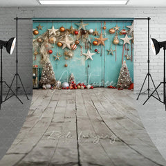 Aperturee - Aperturee Boho Christmas Sweep Backdrop Teal Wall Hanging Star Ornament Background Rustic White Tree Winter Holiday Party