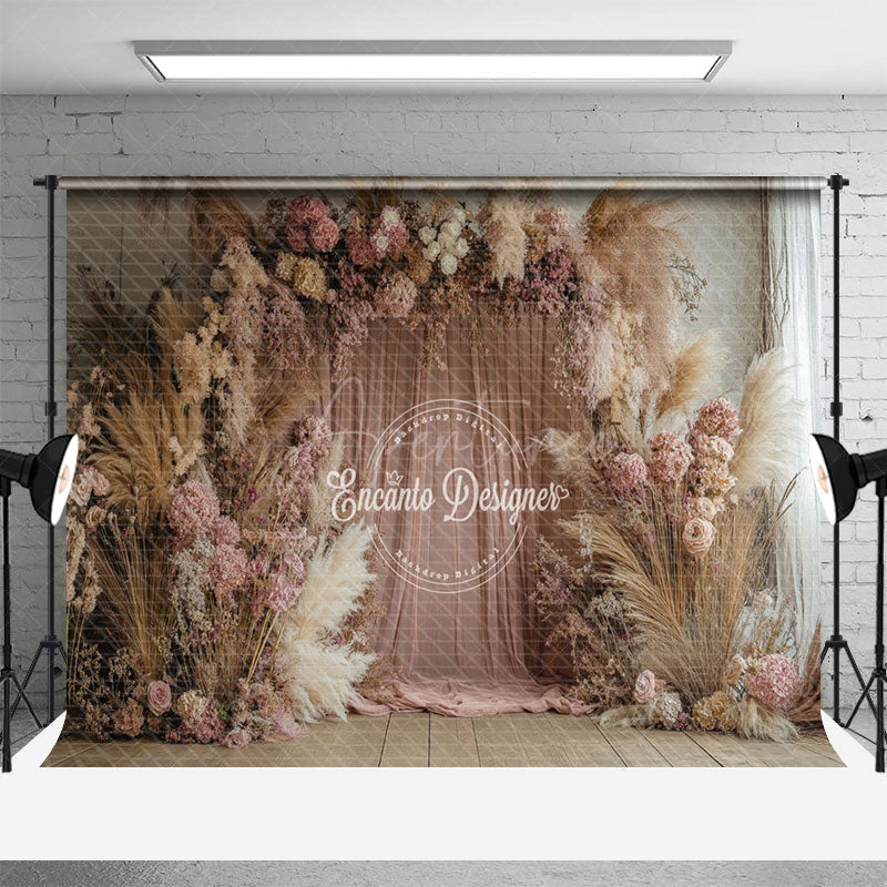 Aperturee - Aperturee Boho Colorful Floral Pink Curtain Wedding Backdrop