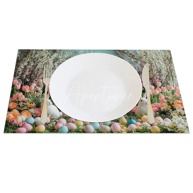 Aperturee - Aperturee Boho Easter Bunny Set of 4 Placemats White Rabbits with Teepee Spring Floral Holiday Table Mats