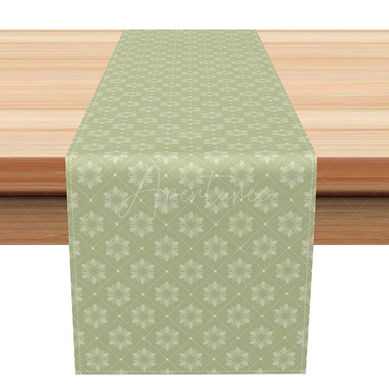 Aperturee - Aperturee Boho Farmhouse Table Runner in Sage Green Plaid and Floral for Spring and Cottage Style Kitchen