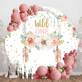Aperturee - Aperturee Boho Feather Floral Wild One Round Birthday Backdrop