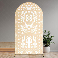 Aperturee - Aperturee Boho Fiesta Arch Backdrop with Cactus and Otomi Inspired Pattern Terracotta Color Mexican Folk Art Party Decor