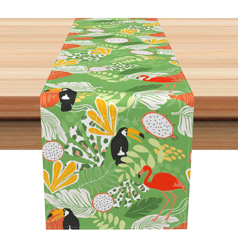 Aperturee - Aperturee Boho Flamingo and Tropical Leaves Table Runner Fresh Green Monstera and Pink Flamingo Summer Party Decoration