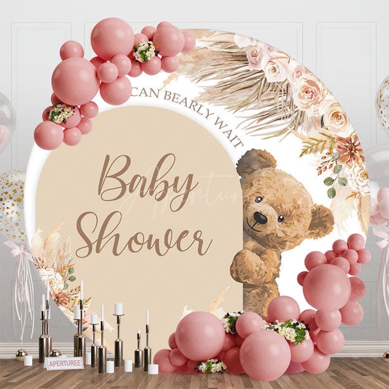 Aperturee - Aperturee Boho Floral Bearly Wait Round Baby Shower Backdrop