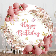 Aperturee - Aperturee Boho Floral Butterfly Round Happy Birthday Backdrop