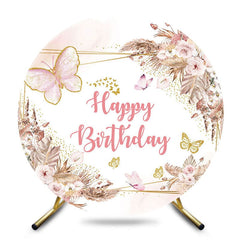 Aperturee - Aperturee Boho Floral Butterfly Round Happy Birthday Backdrop