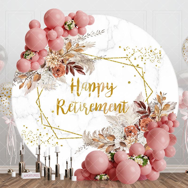 Aperturee - Aperturee Boho Floral Marbled Round Happy Retirement Backdrop